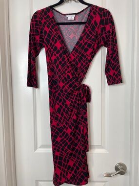 London Times Red and Black Wrap-Style Midi Dress